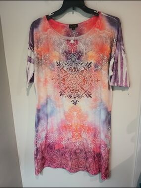 Cal Style USA Women's XL Dress Boho Rhinestone Paisley Medallion Tie Dye Tunic